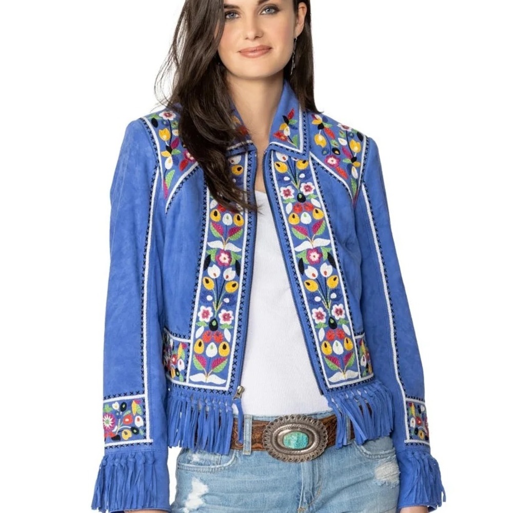 Double D Ranch Justyna heavily embroidered fringed suede jacket NWT - Picture 2 of 12